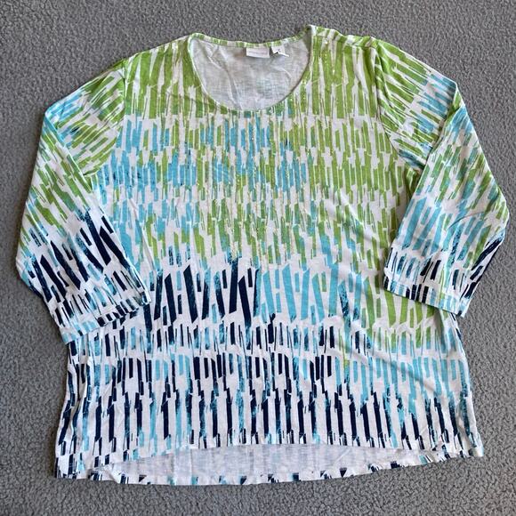 Weekends Chicos Top XL 3 Abstract Art Striped 3/4 Sleeve Green Beach Boho Shirt - Picture 1 of 16